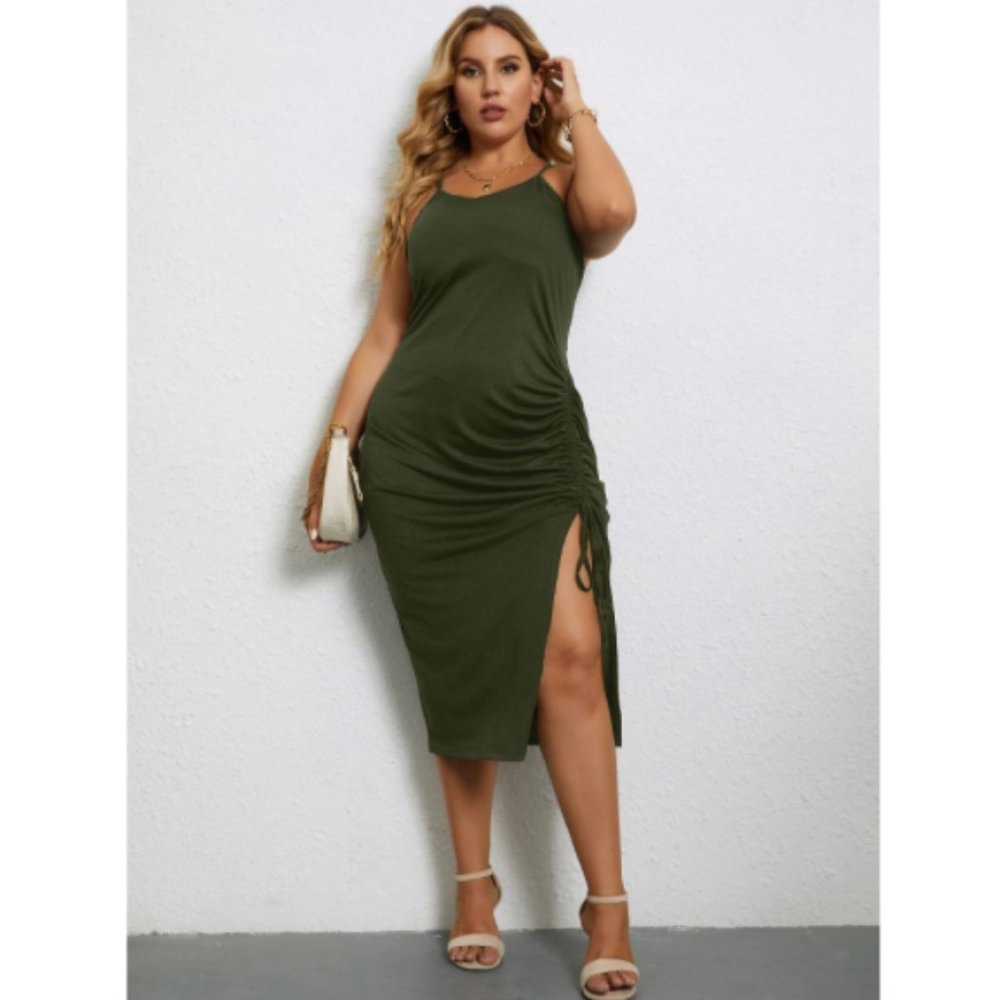 Plus Drawstring Front Split Thigh Cami Dress Army… - image 3